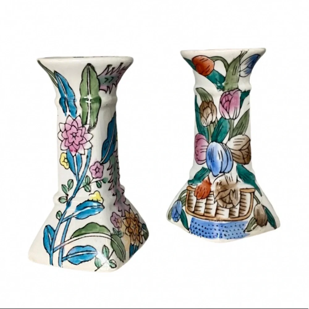 Vintage Chinoiserie & Floral Style Taper Candlestick Holders - set of 2